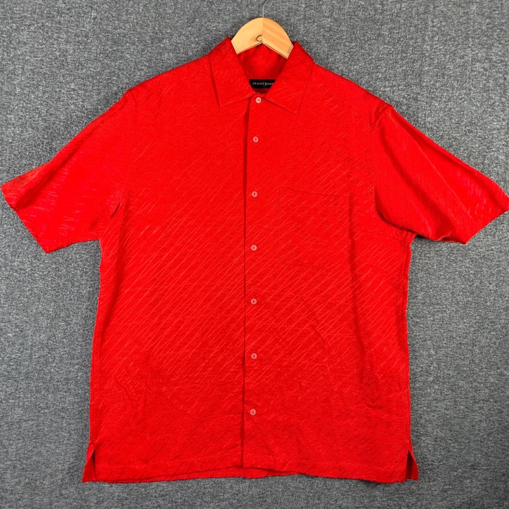 Jhane Barnes Silk Shirt Men Medium Red Short Sleeve Linen Vintage